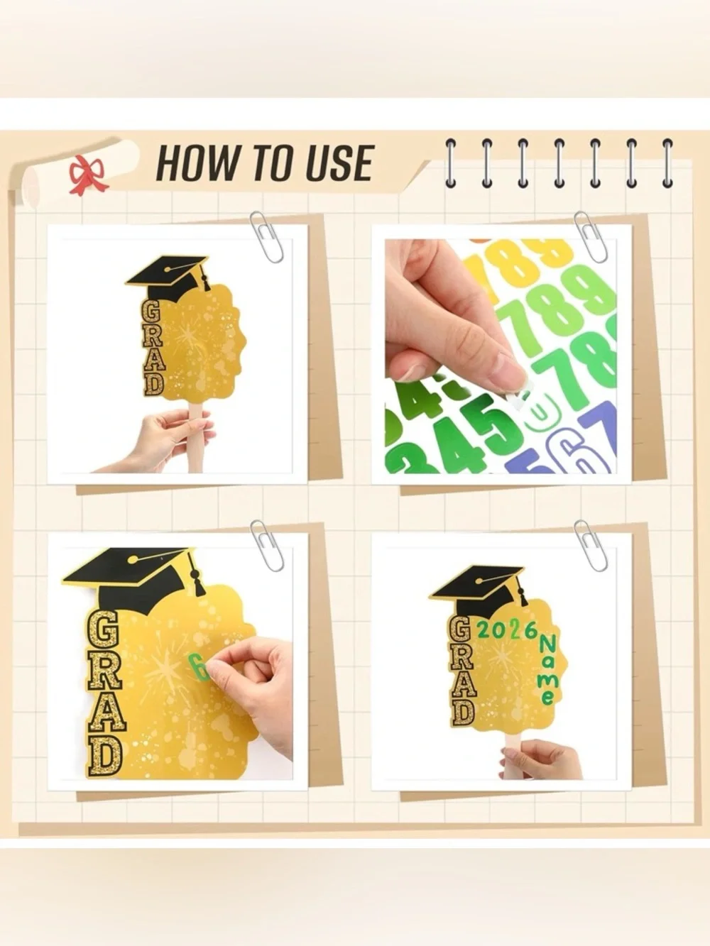 12 Pcs Graduation DIY Paper Fans Handheld Set Grad Face Fans w/ Number Alphabet
